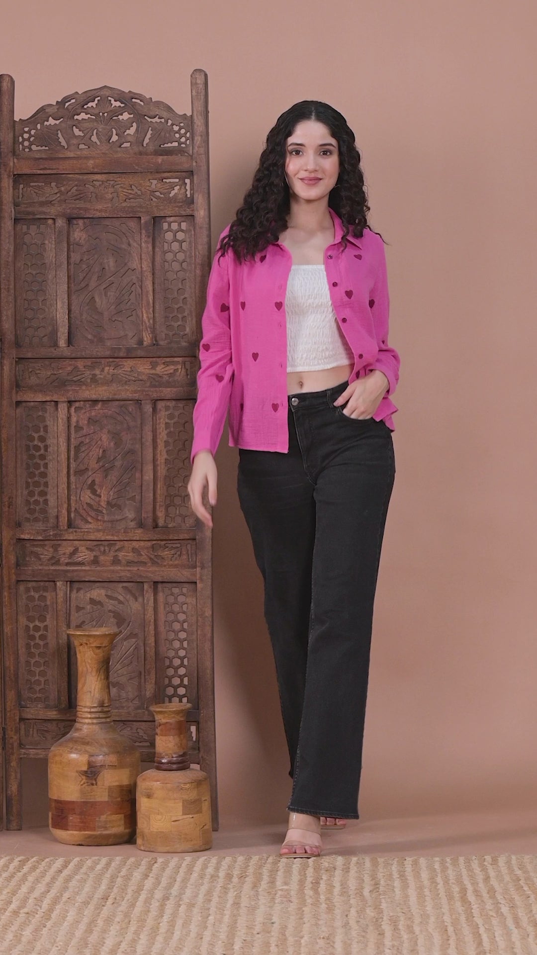 Pink Cotton Shirt with Maroon Heart Embroidery video