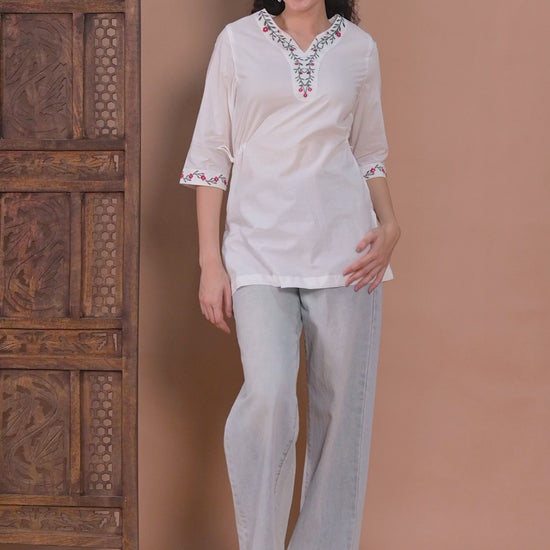 White Cotton Kurti with Green & Red Embroidery