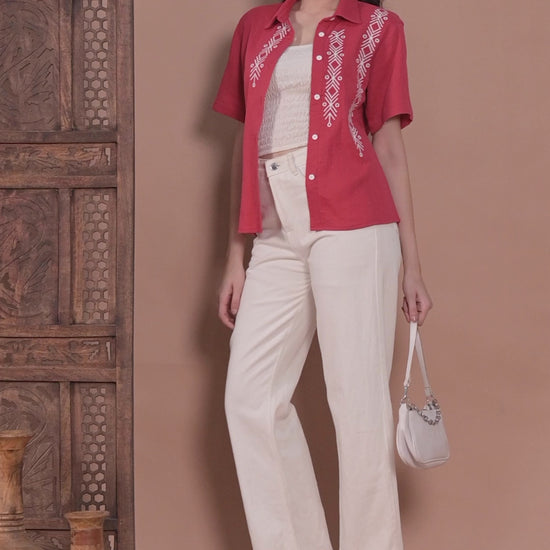 Red Cotton Embroidered Shirt Top for Women video