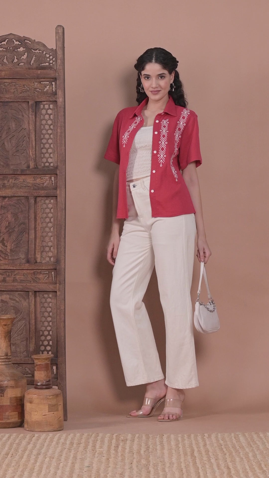 Red Cotton Embroidered Shirt Top for Women video