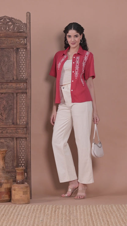 Red Cotton Embroidered Shirt Top for Women video